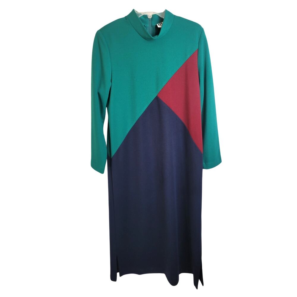 VTG‎ EJM Colorblock Turtleneck Heavy Long Sleeve Sheath Dress 14 Green Flaws